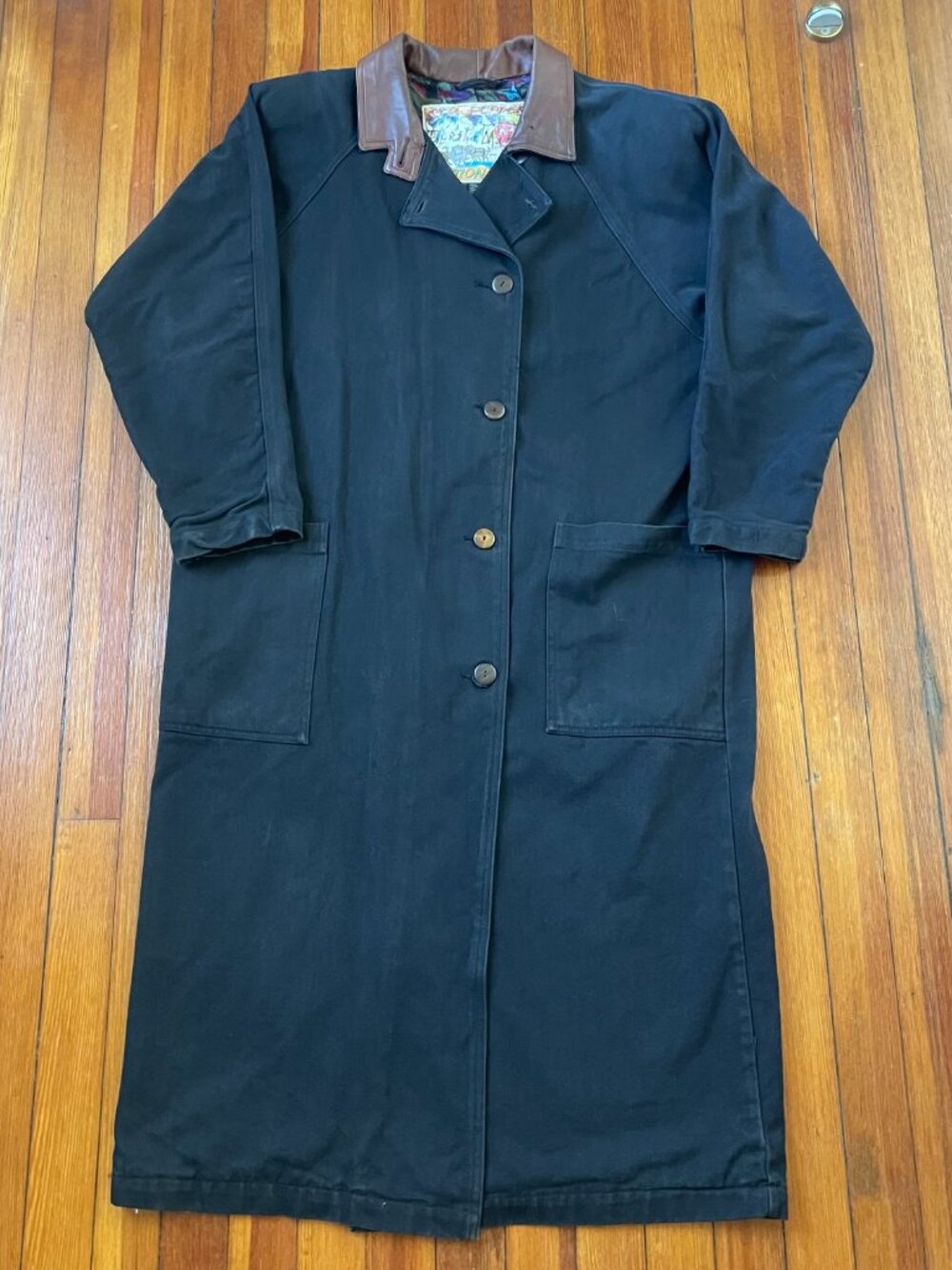 Black Denim Trenchcoat with Colorful Flannel Lining and Brown Leather Collar - Picture 5 of 6